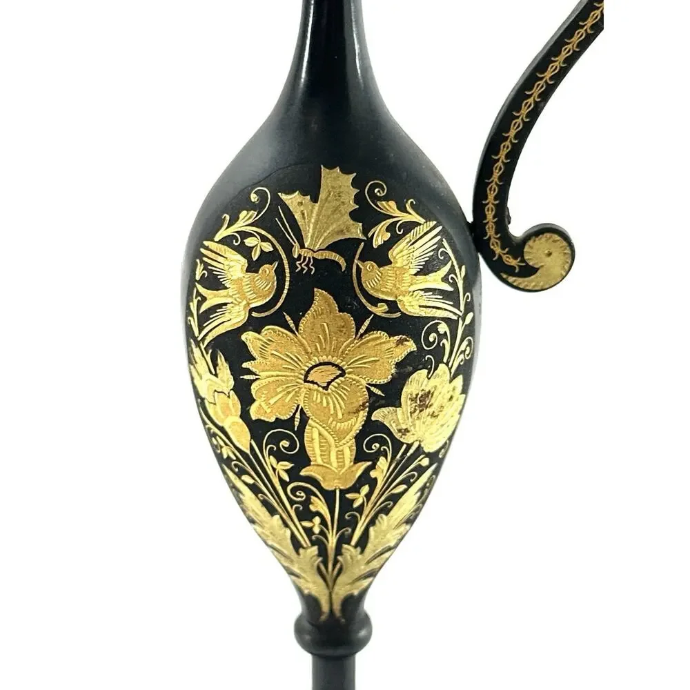 Vintage Black Gold Metal Ewer Vase Hollywood Regency Floral Bird Pitcher 7”
